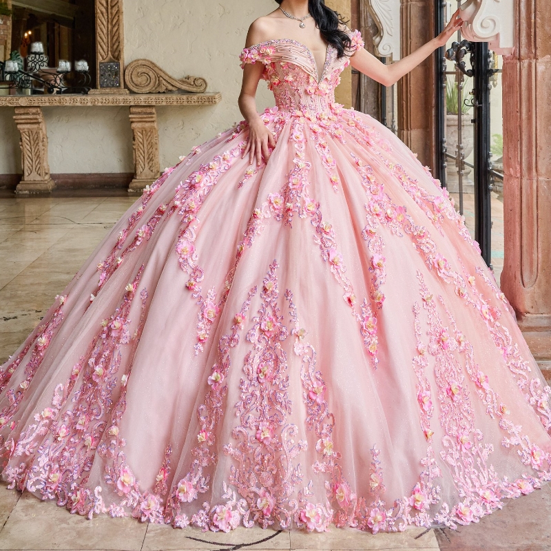 Pink Shiny Quinceanera Dresses Ball Gown Off The Shoulder Lace Applique Beaded Crystal Tull Corset Sweet 16 Dress Vestidos De 15 Anos