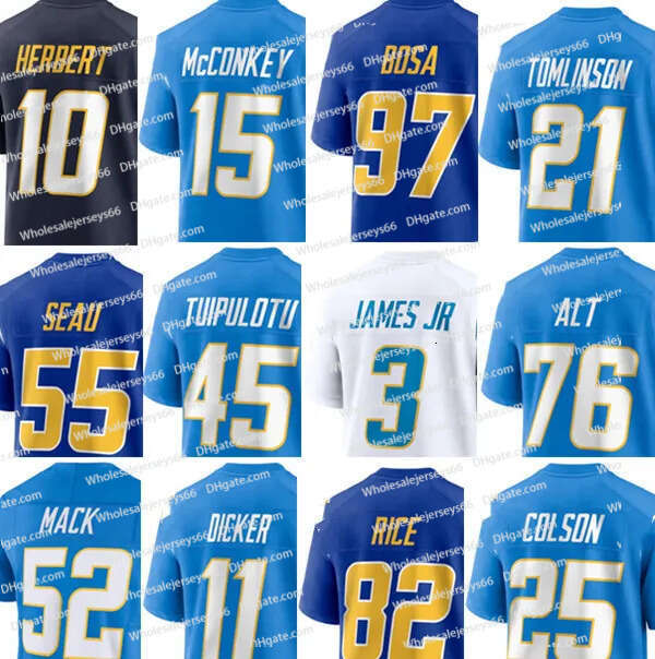 Chargerss Football Jersey LaDainian Tomson Junior Seau Justin Herbert Ladd McConkey Joey Bosa Tuli Tuipulotu Derwin James Jr Rashawn Slater Joe Alt J.K. Dobbins