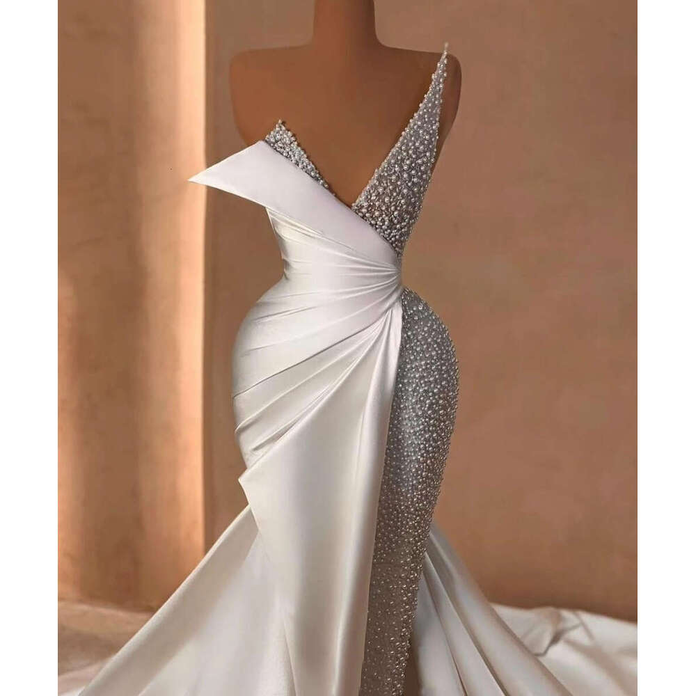 White Elegant Strapless Mermaid Wedding Pearl Sequins Bridal Gowns Custom Made Sleeveless Dresses Vestido de novia