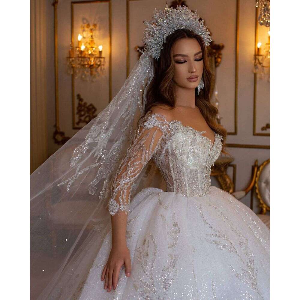 Wedding FATAPAESE Princess Dresses Strapless Beading Illusion Sleeve Sweatheart Dress Fluffy Bride V Necke Gown