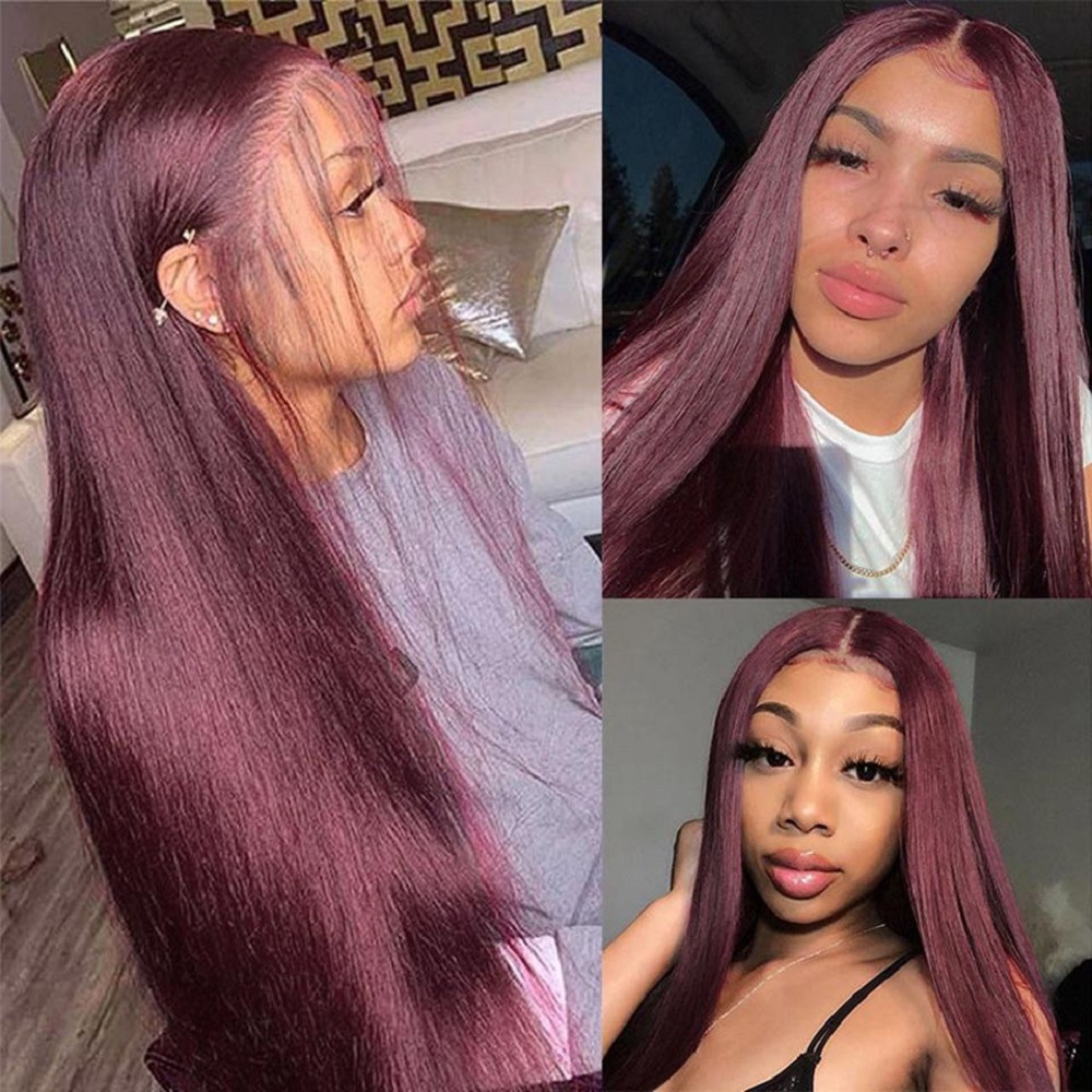 European, American and African black women's front lace wig parting long straight hair wine red synthetic wig set
