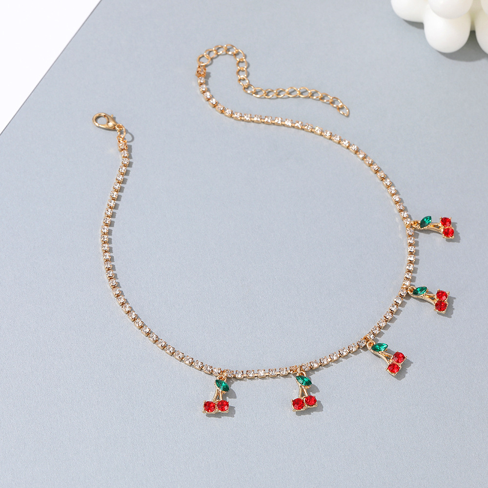 Fashion Bohemian Cherry Choker Necklace Gold Cz Hip Hop Tennis Chain Necklace for Women Tiny Rhinestone Cherry Pendant Necklace Jewelry for Women Gift