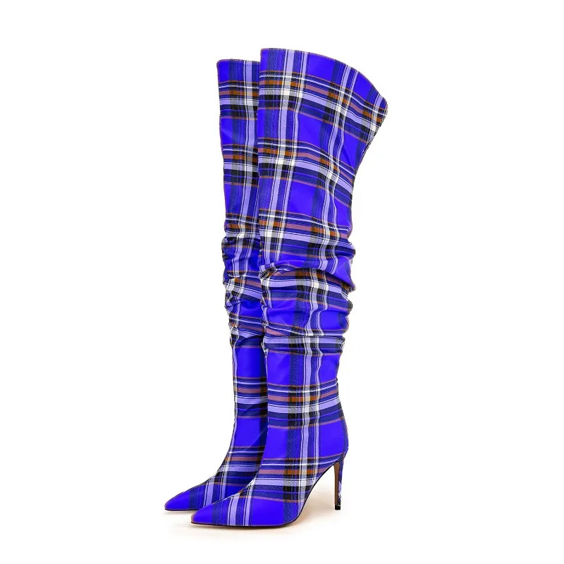 European And American High-Heeled Color Blocked Checkered Fabric Knee High Sleeve For Women's Fashionable Banquet Boots