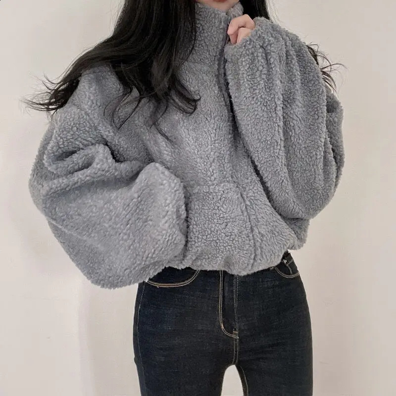 Deeptown Cropped Jacket Y2k Lambs Wool Ultra fine Thick Coat Korean Streetwear All math Womens Motorcycle Zipper 240905