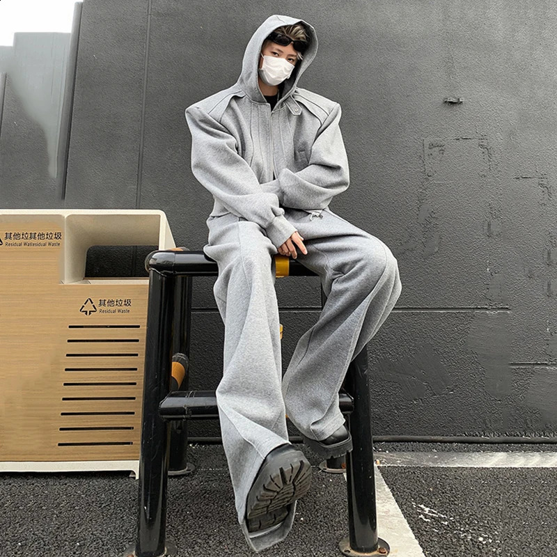 IEFB Sport Mens Suit Two-piece Zipper Shoulder Pad Short Hoodies Straight Sweatpants Loose Casual Male Set Fashion 9C7048 240902