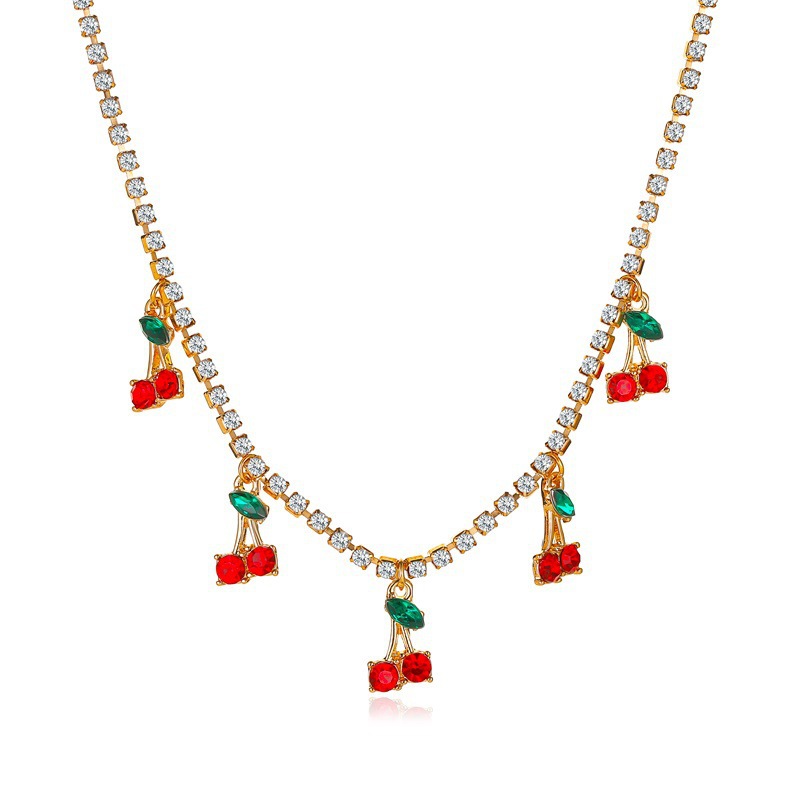 Fashion Bohemian Cherry Choker Necklace Gold Cz Hip Hop Tennis Chain Necklace for Women Tiny Rhinestone Cherry Pendant Necklace Jewelry for Women Gift