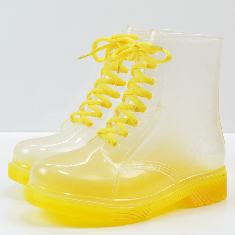 new Fashion Women Transparent Rain Boots Rubber Lace Up Women Ankle Boots Waterproof Casual Comfort Ladies Boots Shoes