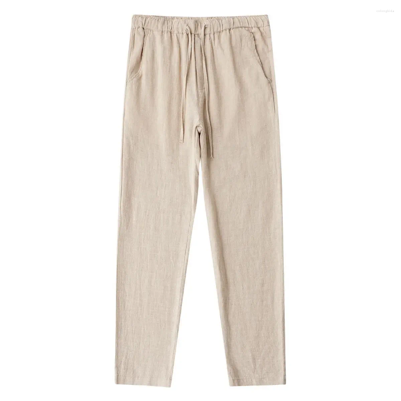 Mens Pants 2024 Summer Linen Cotton Breathable Loose-fit Casual Japanese Simple Solid Color Drawstring Straight-leg White Trousers