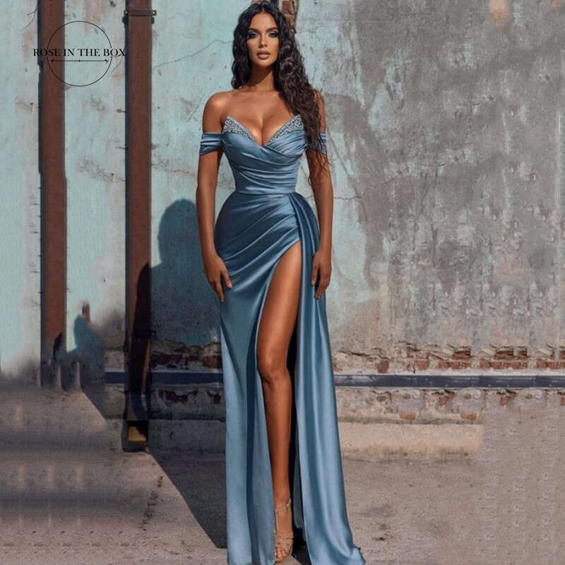 Elegant Side Slit Long Prom Dresses For Women 2024 African Beaded Satin Formal Evening Party Gowns Off-Shoulder Robe