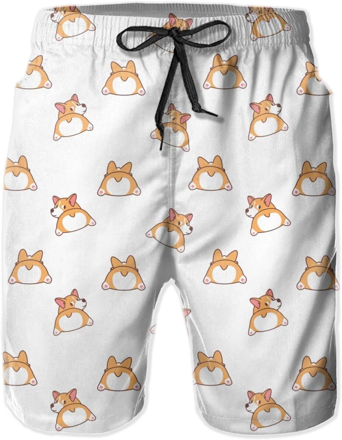 Mens Shorts 3D Printed Pattern Cartoon Corgi Swim Trunks Quick Dry Casual Beach Board Swimwear