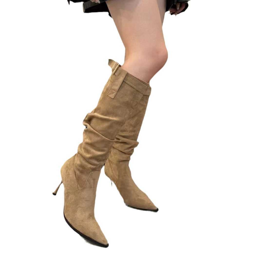 Autumn Winter Versatile Martin Boots Slimming Pile Boots With Pointed Toes Fashion Boots Thin Heels High Heels Boots For Women Beautiful Knee High Boo