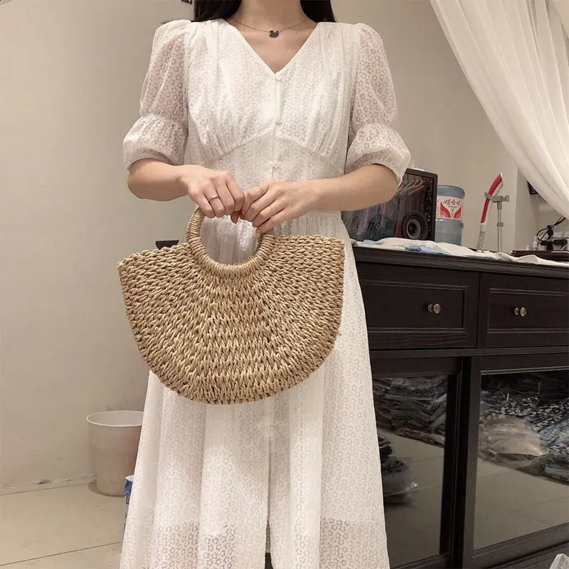 Summer Halfmoon Straw Bag For Women Handmade Portable Handbag Large Capacity Beach Basket Woven Tophandle Purse 240905