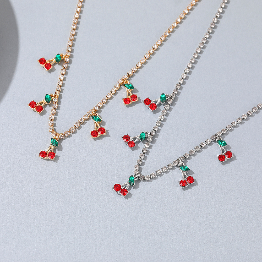 Fashion Bohemian Cherry Choker Necklace Gold Cz Hip Hop Tennis Chain Necklace for Women Tiny Rhinestone Cherry Pendant Necklace Jewelry for Women Gift