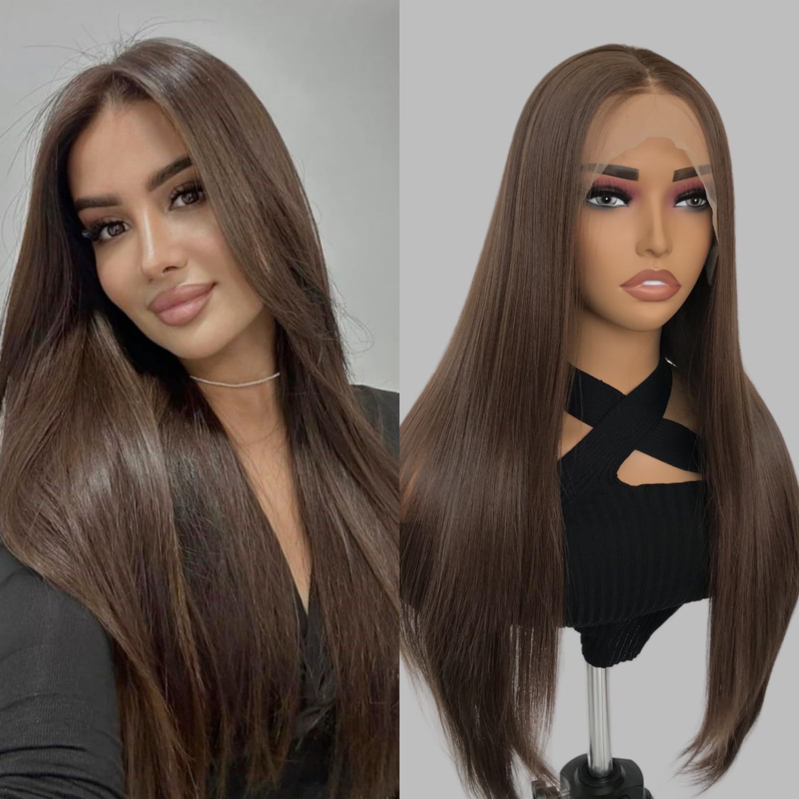 Europe, America and Africa women's wig 13*4 front lace brown mid-length straight hair wig brown synthetic wig set