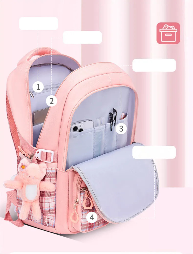 Girls Orthopedic Childrens Backpack with Rabbit Pendant Kawaii Waterproof School Bag Junior Bow Knot Mockhilas Book 240903