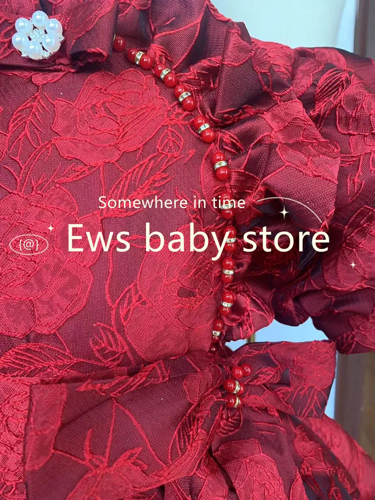 Childrens Evening Dress Bow Spanish Retro Girl Birthday Baptist Party Eid al Fitr Red Dress R250424