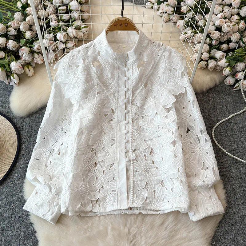 Lace Hollow Out Blouses For Women - Fashionable Solid Color Stand Collar Long Sleeve Tops
