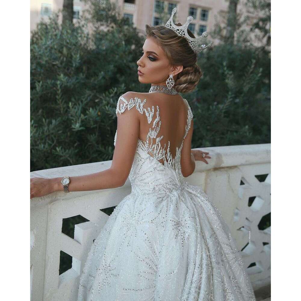 FATAPAESE Wedding Princess Dresses Glitter Beading Illusion Sleeve Sweatheart Sparkly Dress Fluffy Bride Ball Gown