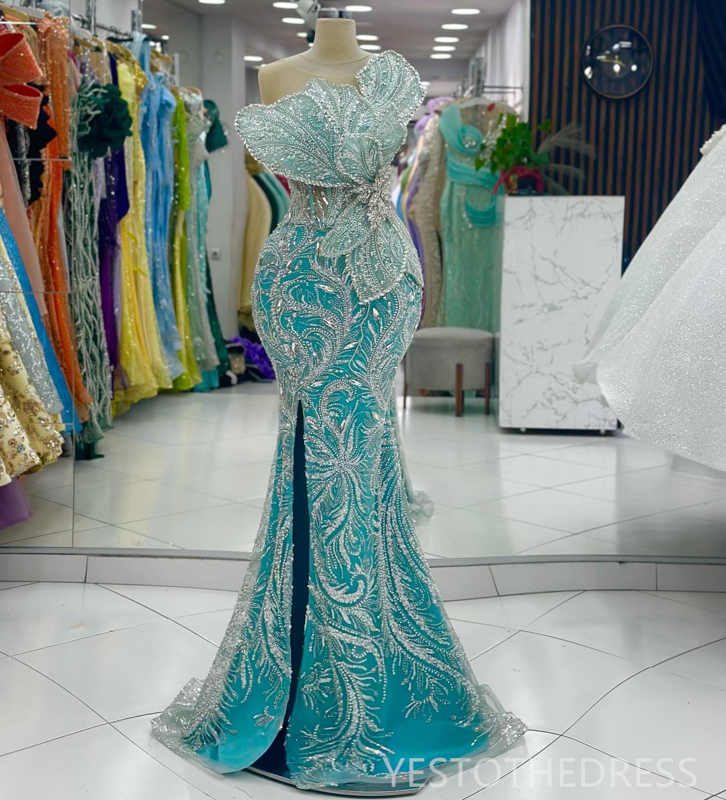 R&W 2024 Plus Size Mint Prom Evening Dresses Illusion Mermaid Promdress Beaded Lace Side Split ra Rhies Birthday Dress Second Reception Gowns AM1587