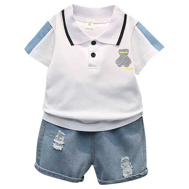 Summer new boy cartoon printed round neck T-shirt casual sports jeans short sleeved set 0-5 years old pure cotton baby set W240824