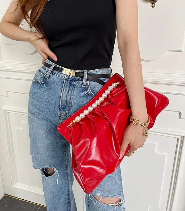 Fashion Folds women Clutches Pearl chain Lady Handbag Python Banquet Envelope Evening Bag Ladies Clutch Purses bolsas 250327