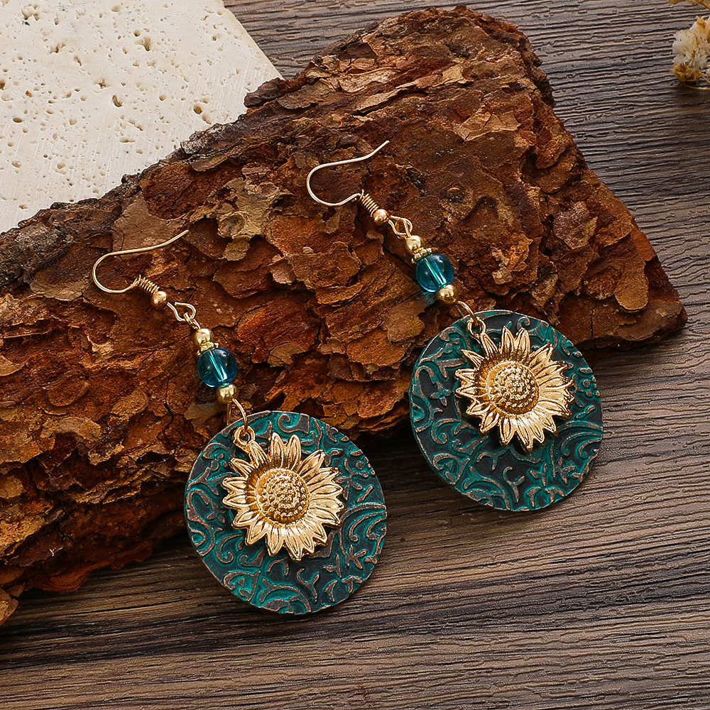 Elegant Two-Tone Sunflower Embroidery Dangly Earrings - Retro Bohemian Chic Accessory