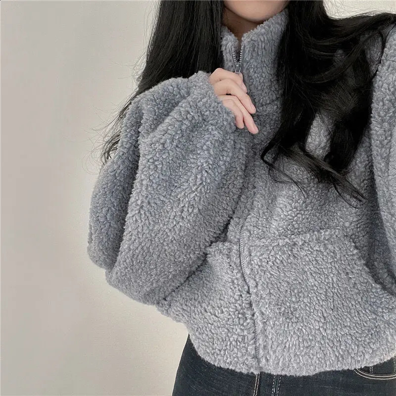 Deeptown Cropped Jacket Y2k Lambs Wool Ultra fine Thick Coat Korean Streetwear All math Womens Motorcycle Zipper 240905