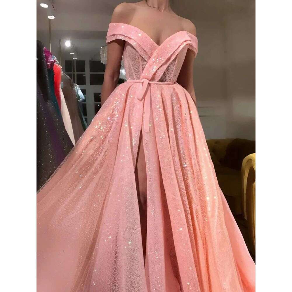 Peach Pink Sparkle Tulle Prom Dresses Sequined Off Shoulder Sexy Fashion Evening Gowns 2024 Front Slit Long Party Dress 0218