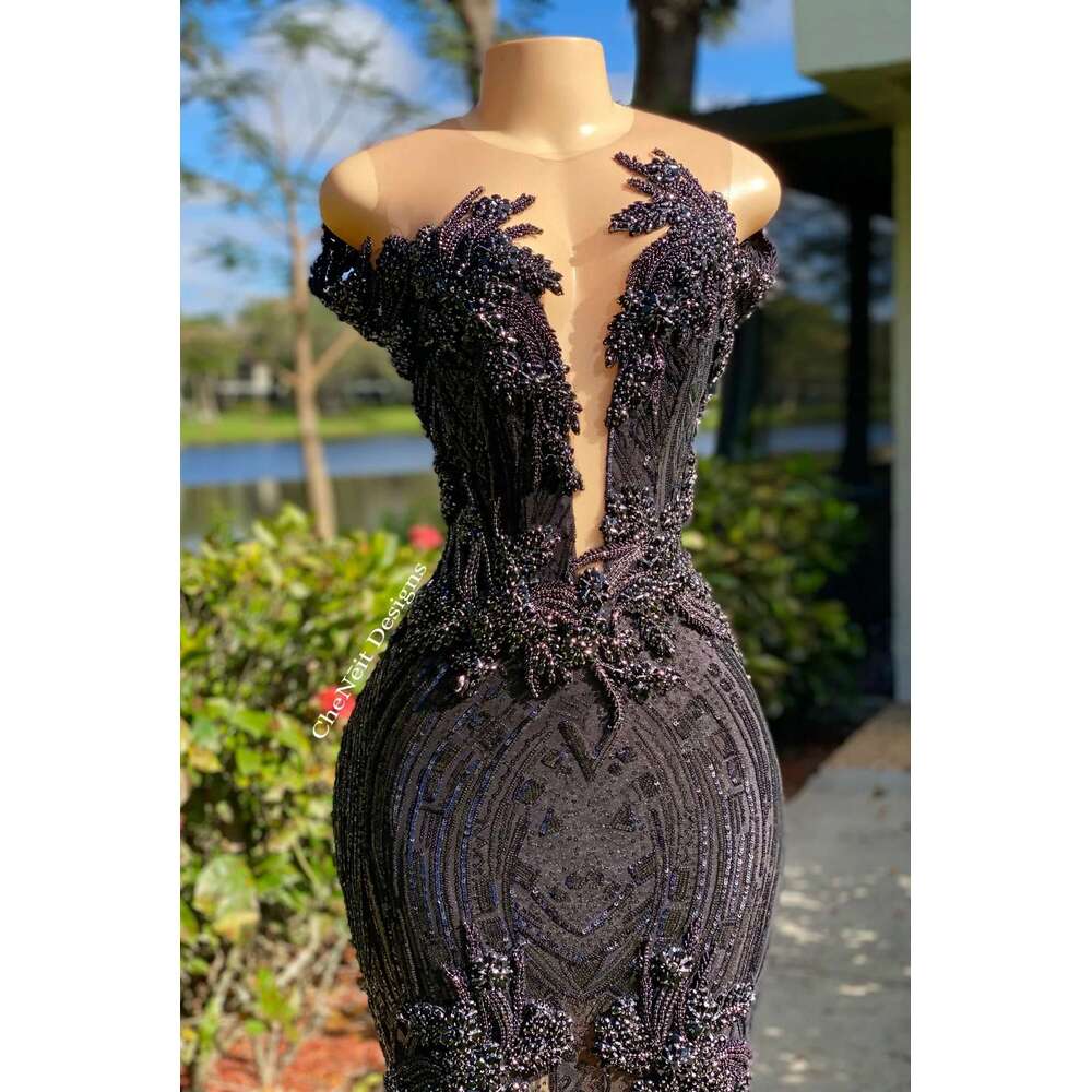 Black Crystal Dress Illusion Open Back with Zipper Closure Low Cut Skin Tone Mesh Gown