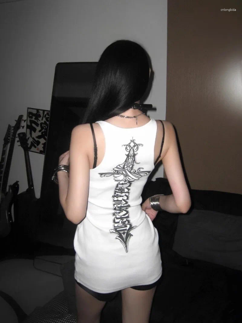 Womens Tanks American Cross Print White Women Camis Y2k Mid Length Slim Waist Bottoming Vintage High Street Tops Sleeveless Grunge