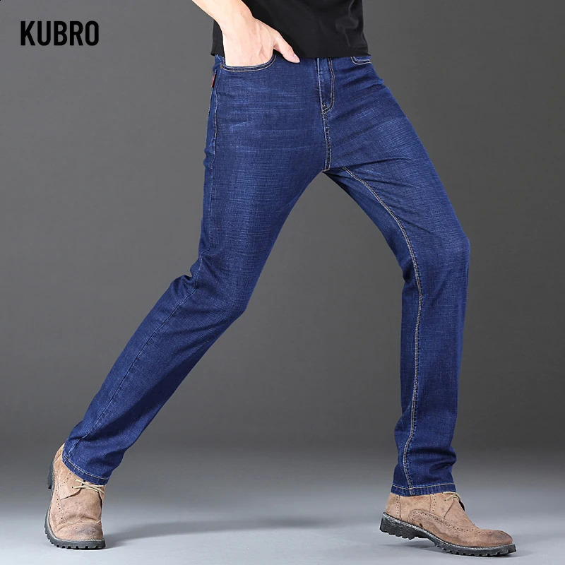 KUBRO mens thick winter pants straight blue jeans pockets casual work denim high elasticity wide leg selling 240905