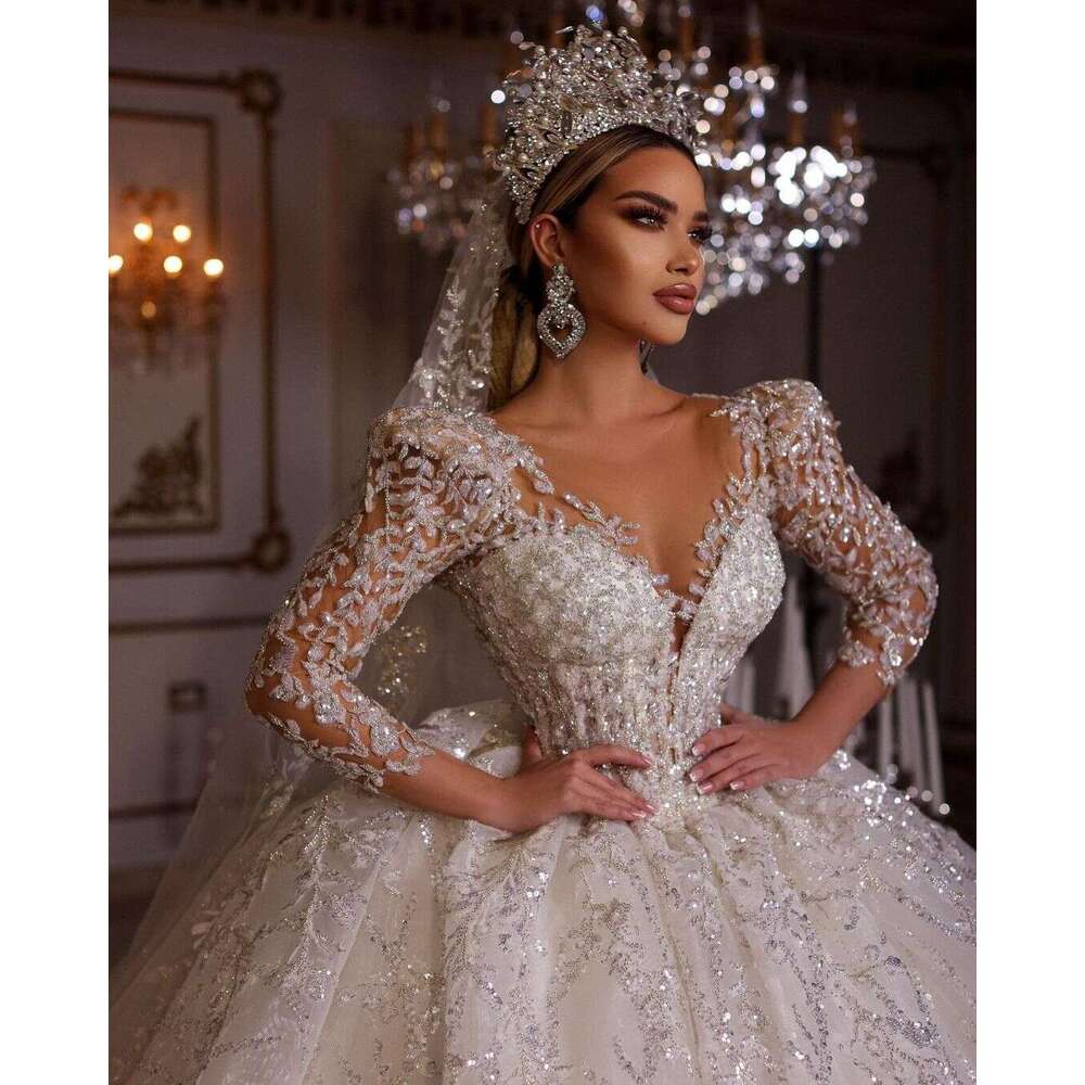 Wedding FATAPAESE Dress Princess Dresses V Neck Beading Illusion Ral Sleeve Sparkly Crystal Fluffy Skirt Bride Gown Es