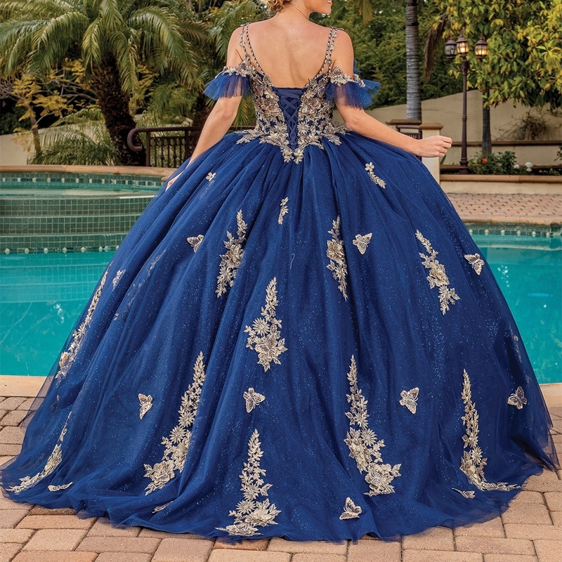 Navy Blue Princess Quinceanera Dresses Off Shoulder Gold Lace Applique Bow Corset Sweet 16 Birthday Party Vestido 15 De Anos
