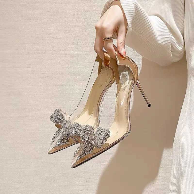 High Quality Sexy Transparent Wpmens Pump Rhine Bow Pointed Toe Pump Wedding High Heels Spring/Summer Shoes T241024