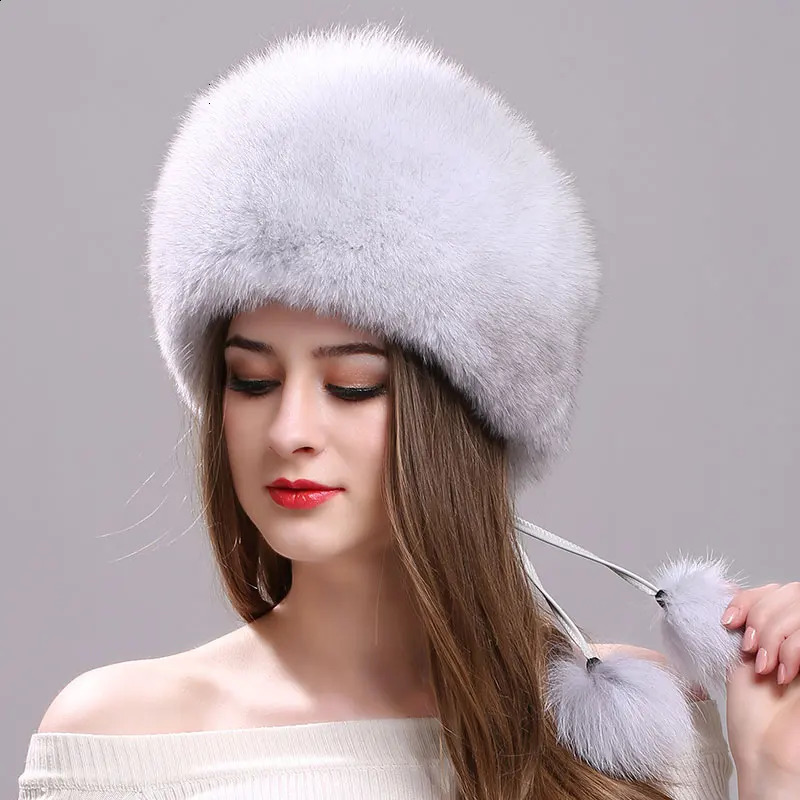 Real Fox Fur Hat for Women with Leather Top Mongolian Princess Hat with Pompom Winter Warm beanie Russian Cap Bonnets for Women 240828