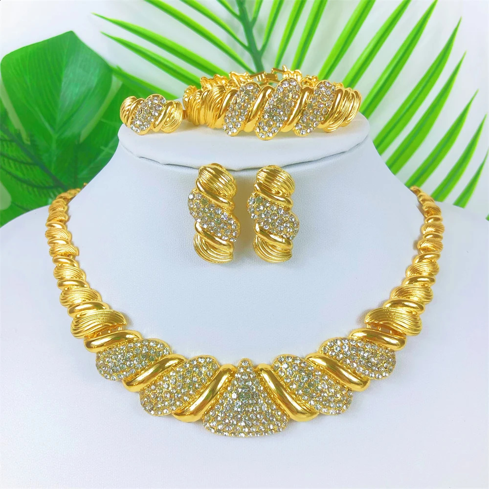 ESALE Trendy Dubai Gold Plated Jewelry Set Italy Ladies Cubic Zirconia Necklace Women Bracelet Earrings African Wedding Jewelry 240903