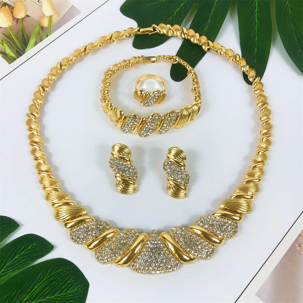 ESALE Trendy Dubai Gold Plated Jewelry Set Italy Ladies Cubic Zirconia Necklace Women Bracelet Earrings African Wedding Jewelry 240903
