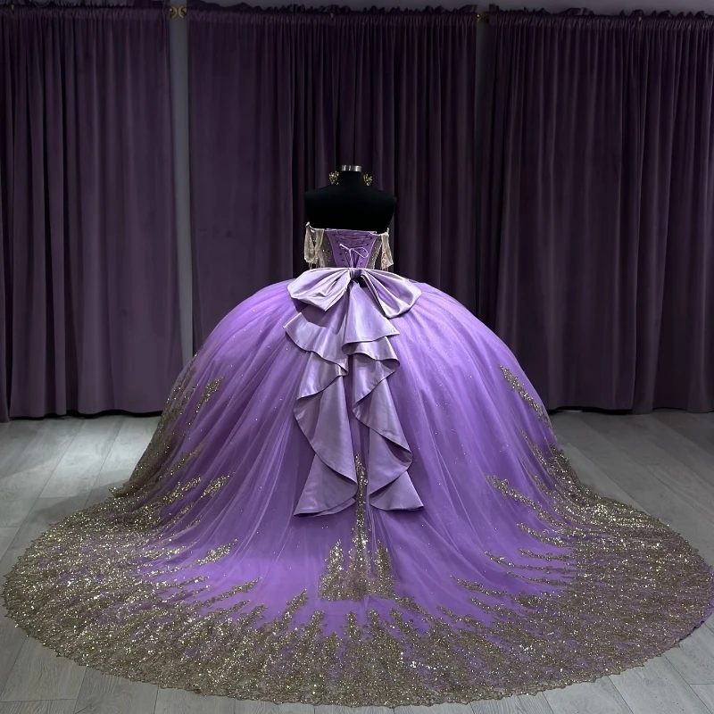 Purple Sparkly Quinceanera Dresses Ball Gown 2024 Off Shoulder Gold Applique Beads Bow Corset Vestido 15 anos Lace-up Sweet 16