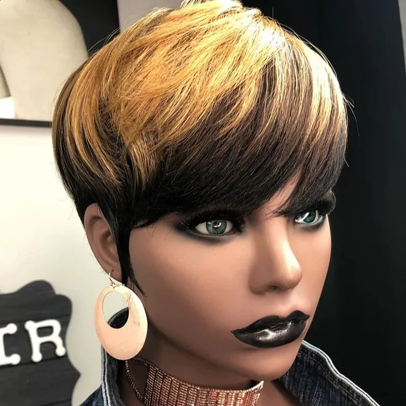Ombre Color Pixie Cut Wig Full Machine Made Human Hair Wigs Pre Plucked Short Cut Bob Wigs Brazilian Remy Honey Blonde Wig 1B/27 240826