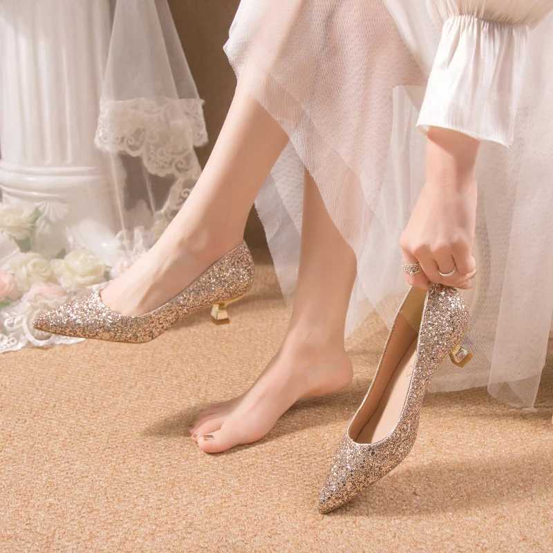 High Quality Med Heel Bling Sparkling Wedding Shoes Womens Slip Gold Sier Thin Boots Pump Womens Pointed Soles Shining Party Shoes Plus Size 42 T24102