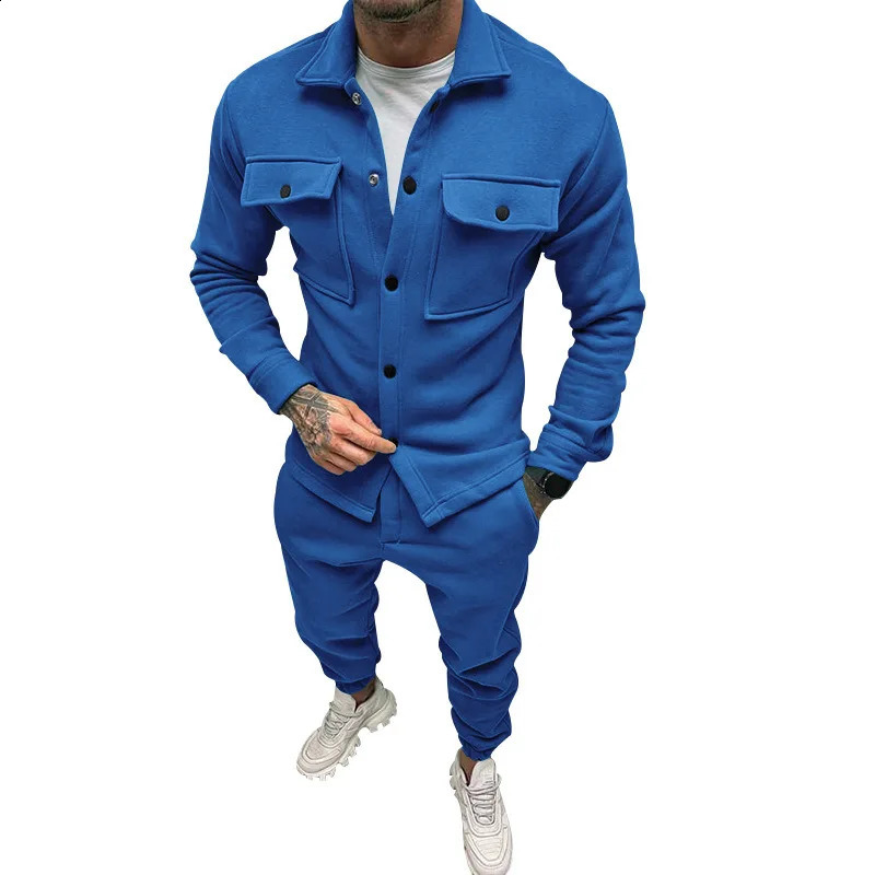 Mens jacket cargo pants set with pocket buttons spring and autumn blue track suit highquality solid color mens fashion 2piece 240903
