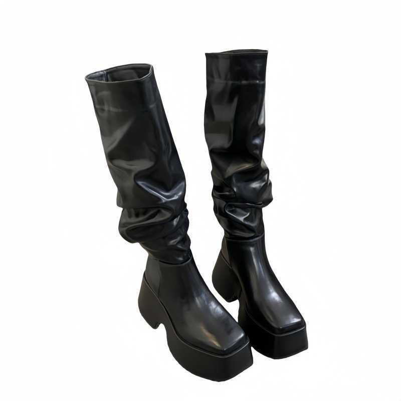 Autumn Sexy Leather Martin Boots For Women Thick Sole Fashion Boots Height Increase Slimming Effect Elastic Slimming Boots Long Leg Knight Boots 24082