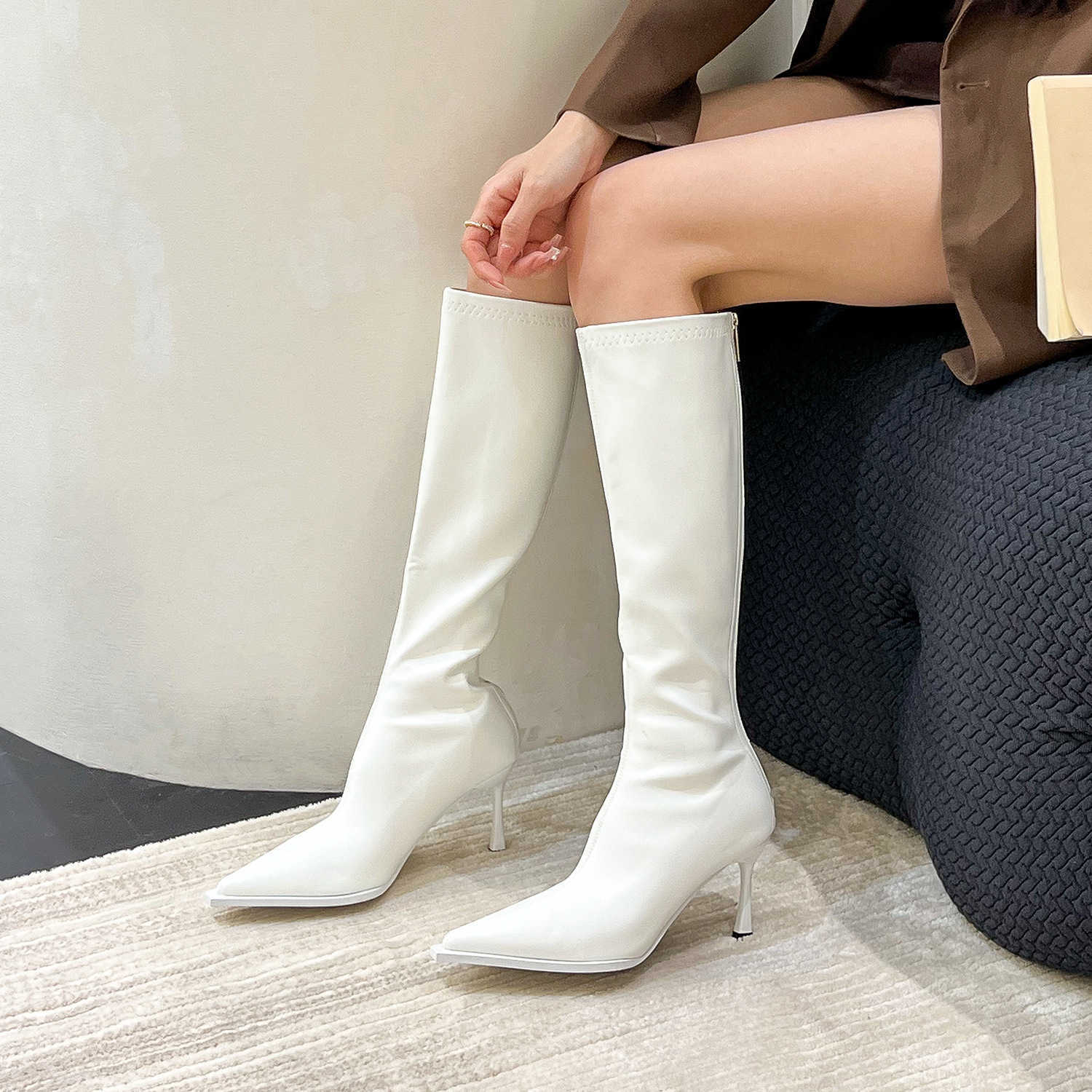 Slimming Pointed High-heeled Martin Women Boots Leather Elastic Long Fashion Boots For Womens Autumn And Winter Leg Hugging Boots 240826