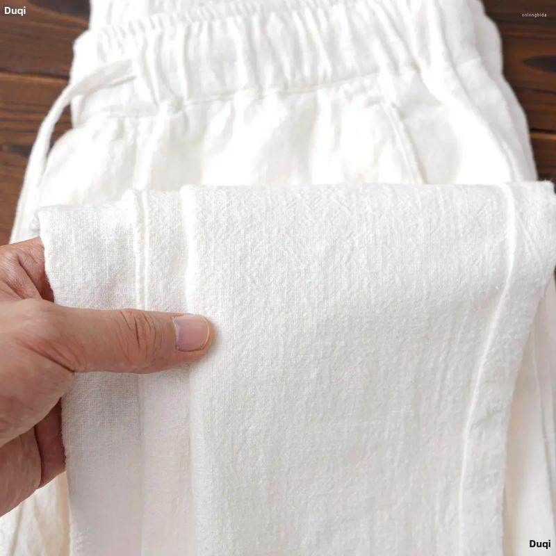 Mens Pants 2024 Summer Linen Cotton Breathable Loose-fit Casual Japanese Simple Solid Color Drawstring Straight-leg White Trousers
