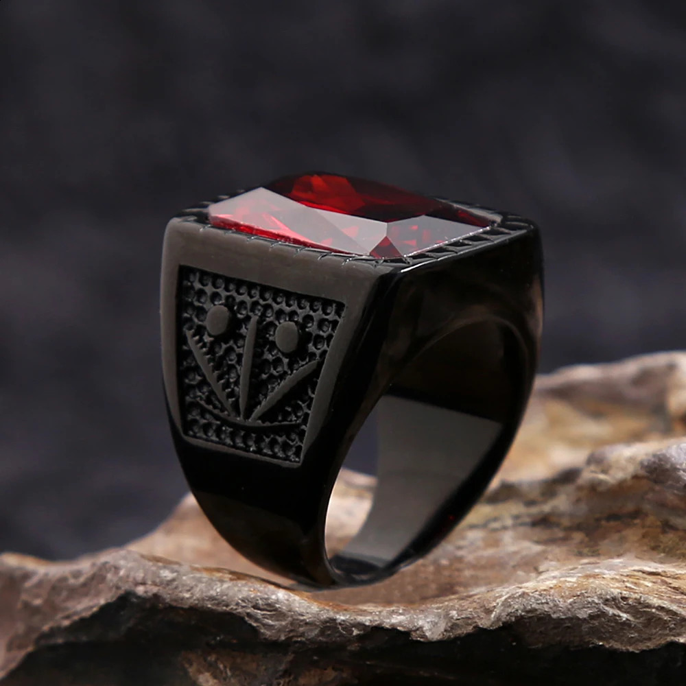 Fashion stainless steel natural redstone square ring punk bicycle black leaf shaped ring mens party jewelry gift wholesale 240905