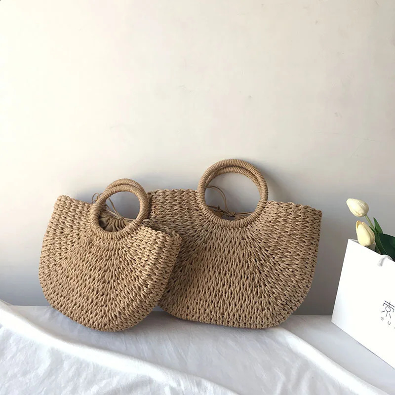Summer Halfmoon Straw Bag For Women Handmade Portable Handbag Large Capacity Beach Basket Woven Tophandle Purse 240905