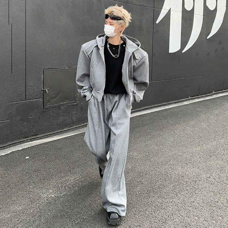 IEFB Sport Mens Suit Two-piece Zipper Shoulder Pad Short Hoodies Straight Sweatpants Loose Casual Male Set Fashion 9C7048 240902