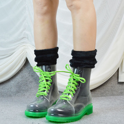 new Fashion Women Transparent Rain Boots Rubber Lace Up Women Ankle Boots Waterproof Casual Comfort Ladies Boots Shoes