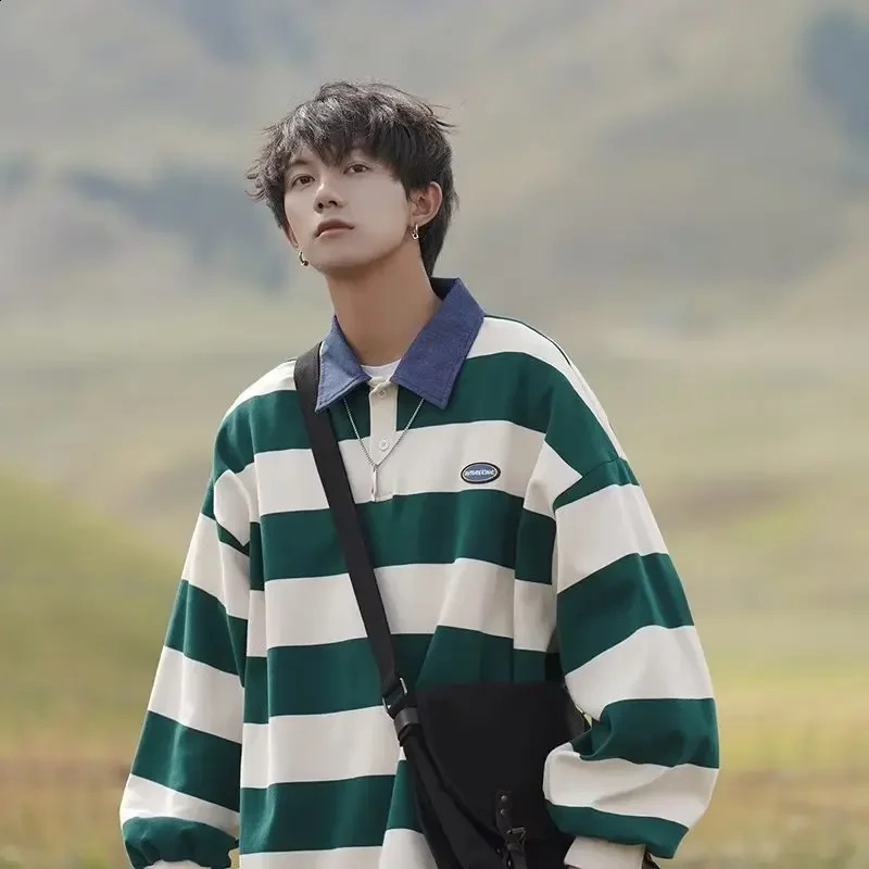 Japanese Striped Lapel Sweatshirt For Men Casual Loose Fit Vintage Fashion Long Sleeve Polo Shirt Top Spring Autumn Trendy 240906