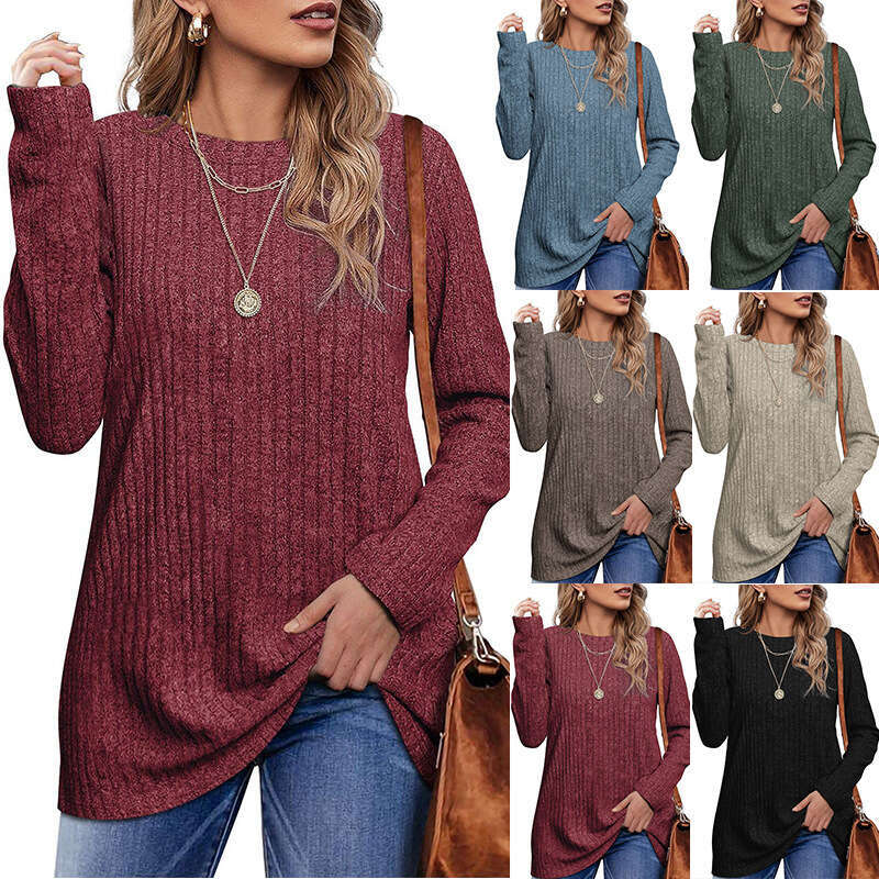 2024 New Autumn/Winter Round Neck Brushed Pit Stripe Solid Color Top Long sleeved T-shirt for Women